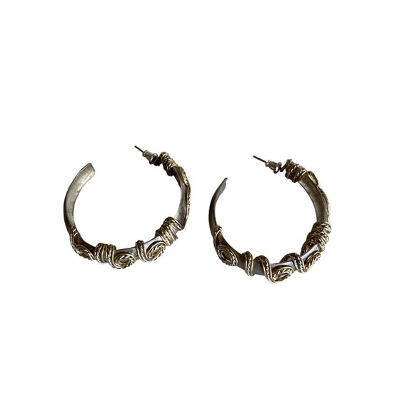 Vintage Silver & Gold-Tone Hoop Earrings With Intricate Wire Wrap Design - Picture 1 of 4